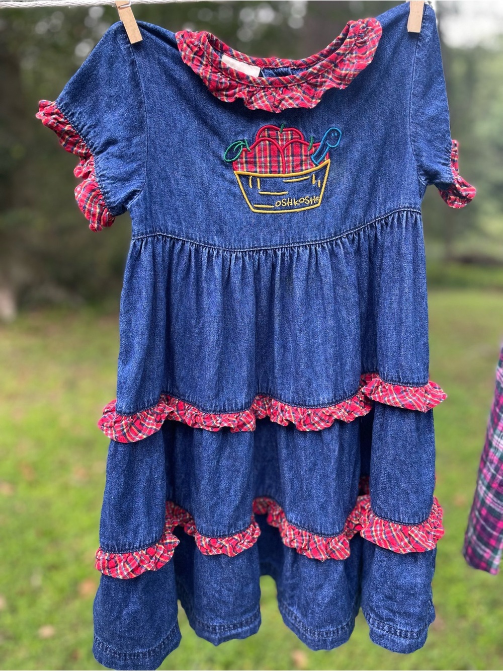 Vintage OshKosh Collection 100% Cotton Denim Tiered Dress w/ Plaid Ruffles